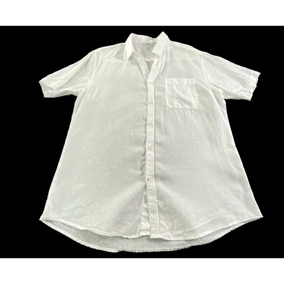 AMIANI 100% Linen Shirt Short Sleeve Button Front Collard White L 77-32 - Picture 1 of 9
